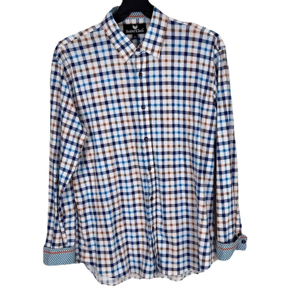 Butter Cloth‎ Shirt Mens XL White Blue Geometric Plaid Flip Cuff Stretch LS